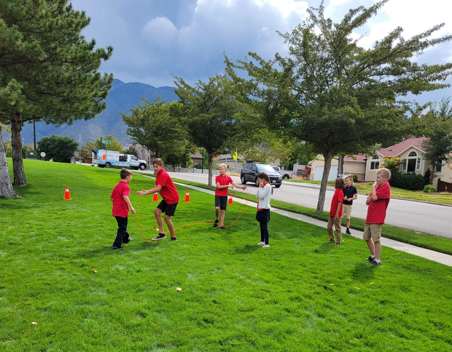 Kids playing soccer outside