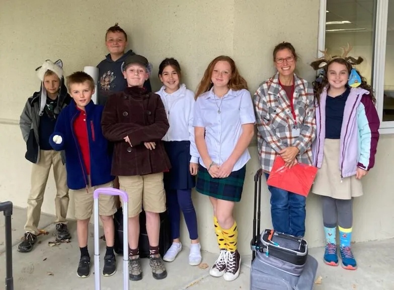 Students in front of the school